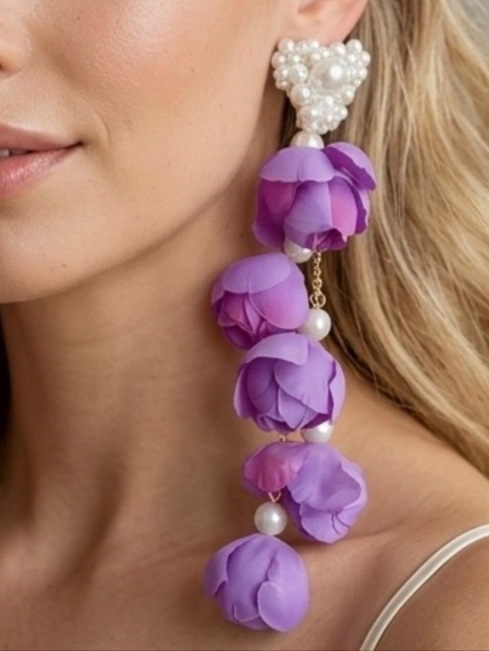 Lavender Floral Pearl Drop Earrings - Picture 1 of 2